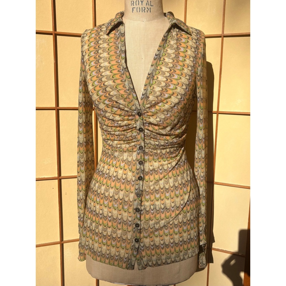 Free People Mesh Top Ruched Psychedelic Print Long Sleeve Button Front Blouse S